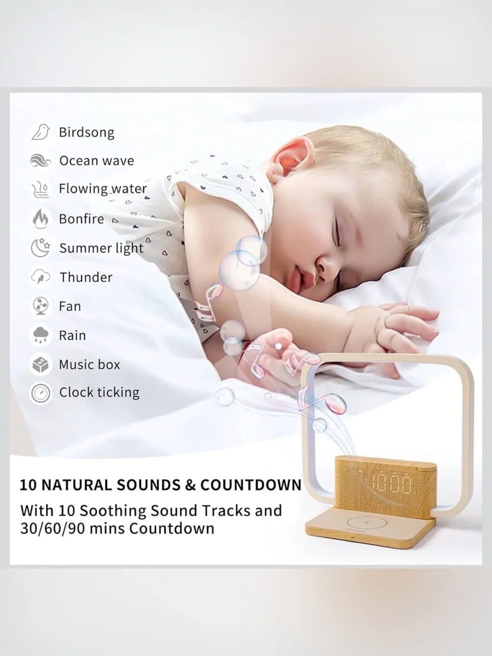 Wood Grain Wireless Charging Alarm Clock with LED Display - Beige